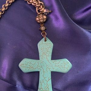 Vintage turquoise cross necklace 16” chain